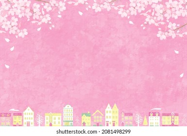 Vector illustration of spring cherry blossoms, cityscape and people
