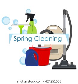 Vector illustration spring cleaning with cleaning equipment. Housework appliance - bucket, vacuum cleaner, bottle, spray and window squeegee. Spring cleaning background, card