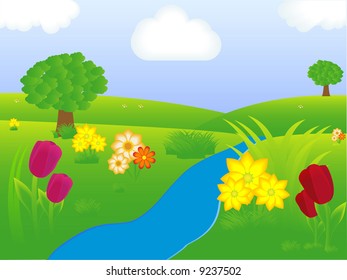 Vector illustration of Spring country landscape with flowers and trees.