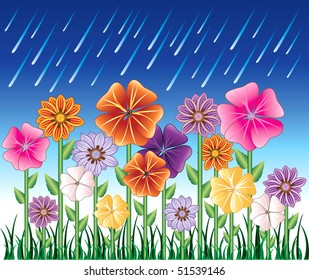 Vector illustration of a Spring Day with rain and Flower Garden with grass.