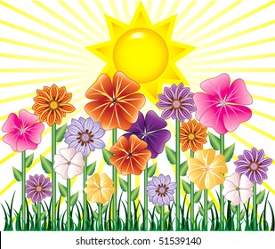 Vector illustration of a Spring Day with Sunshine and Flower Garden with grass.
