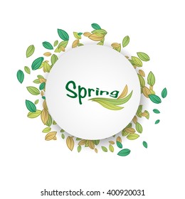 Vector illustration for spring design. Round frame with leaves isolated on white background.