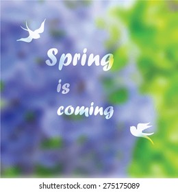 Vector illustration of spring emblem with colorful lilac blurred background