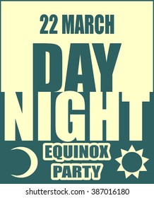 Vector illustration for spring equinox day party banner. Day and night text. Moon and sun icons