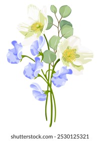 Ilustración vectorial de un arreglo floral de primavera con anémona blanca, guisantes dulces azules, hojas de eucalipto y bayas rosadas. Perfecto para invitaciones, Anuncios o tarjetas de felicitación.