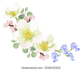 Vektorgrafik eines Frühlingsblumenarrangements mit weißer Anemone, blauen Erbsen, Eukalyptusblättern und rosafarbenen Beeren. Ideal für Einladungen, Banner oder Grußkarten.