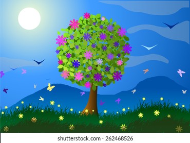 Vector illustration. Spring. Flowering tree, mountains and flowers.