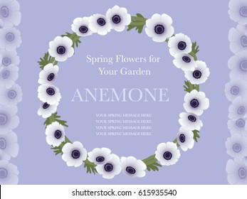 A vector illustration of spring flowers, anemone, arranged as a wreath.