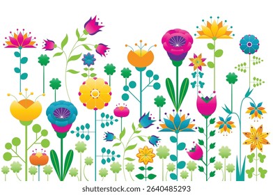 Vector illustration of spring flowers. Background decorated with pastel colors blooming flowers. Spring, easter, summer theme with copy space for text. Flat folk geometric style.	