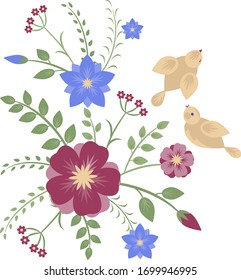  Vektorillustration. Frühlingsblumen und Vögel einzeln auf weißem Hintergrund.