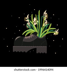 Vector illustration - spring flowers daffodils blooming in black leather boot with rough sole on dark sky background. For adverts, postcards, book illustrations, stickers