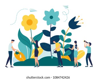 Vector illustration of spring flowers on white background, gardeners look after the garden, growing plants in nature, clean ecology vector