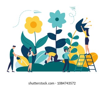 Vector illustration of spring flowers on white background, gardeners look after the garden, growing and studying plants in nature, clean ecology vector