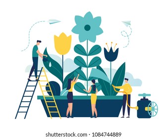 Vector Illustration Of Spring Flowers On White Background, Gardeners Look After The Garden, Growing And Studying Plants In Nature, Clean Ecology, A Man Watering With A Hose Plant Vector