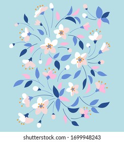  Ilustración vectorial. Flores de primavera sobre el fondo azul.
