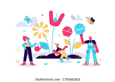 Vector illustration of spring flowers on white background, gardeners look after the garden, growing plants in nature, clean ecology. Flat style modern design vector illustration for web page, cards