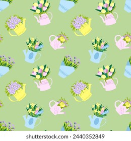 vector illustration of spring flowers in pots in festive delicate paper wrapping, flat on light background