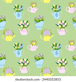 vector illustration of spring flowers in pots in festive delicate paper wrapping, flat on light background
