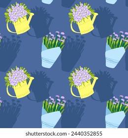 vector illustration of spring flowers in pots in festive delicate paper wrapping, flat on light background