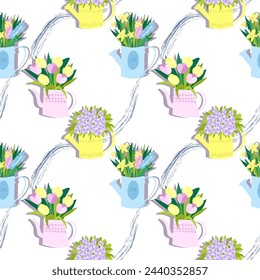 ilustración vectorial de flores de primavera en macetas en papel delicado festivo envoltorio, plano sobre fondo claro