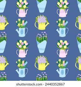 vector illustration of spring flowers in pots in festive delicate paper wrapping, flat on light background