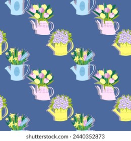 vector illustration of spring flowers in pots in festive delicate paper wrapping, flat on light background