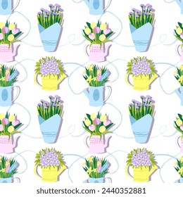vector illustration of spring flowers in pots in festive delicate paper wrapping, flat on light background