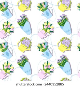 vector illustration of spring flowers in pots in festive delicate paper wrapping, flat on light background