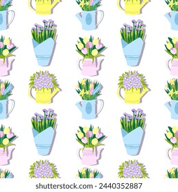 vector illustration of spring flowers in pots in festive delicate paper wrapping, flat on light background
