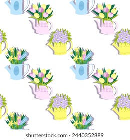 ilustración vectorial de flores de primavera en macetas en papel delicado festivo envoltorio, plano sobre fondo claro