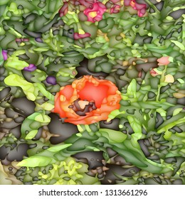 Vector illustration of spring flowers. Red tulip, primrose, green grass, spring weather.