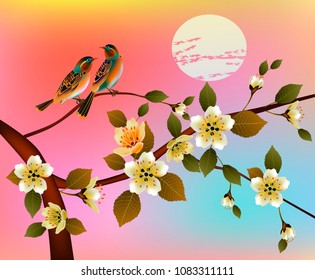 Vector illustration spring, flowers sakura blossom.Postcard 