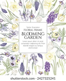 Vector illustration of spring flowers. Snowdrops, crocuses, brunnera, tulips, muscari, hyacinths, irises, daffodil, pansies in engraving style