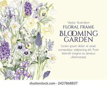 Vector illustration of spring flowers. Snowdrops, crocuses, brunnera, tulips, muscari, hyacinths, irises, daffodil, pansies, lily of the valley