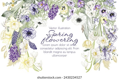 	
Vector illustration of spring flowers. Snowdrops, crocuses, brunnera, tulips, muscari, hyacinths, irises, daffodil, pansies, lily of the valley, anemone
