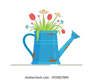 Vector illustration of spring flowers in a watering can. Picking a flower in the garden in a field of flowers.