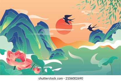 Vector illustration spring. Flying swallow on spring background. Flowers in the wind. Vector background with willow leaves and swallows