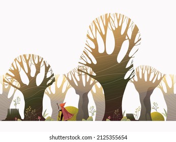 Vector illustration of spring forest. Trees, stones, mushrooms. Dwarf in a red coat.