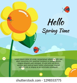 Vector illustration of the Spring Garden with attractive sunflowers and beetles, can be used for your design needs. EPS10 file. - Vector
