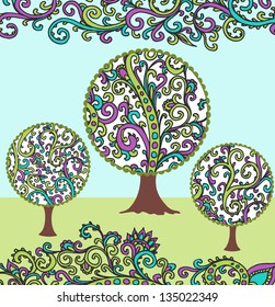 vector illustration of spring garden with ornate trees