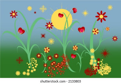 Vector illustration of a spring garden with the sun in the sky