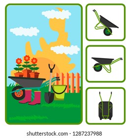 Vector Illustration of a spring garden with wheelbarrow, bucket, rubber boots, shovel and flowers. Flat Design Style. 