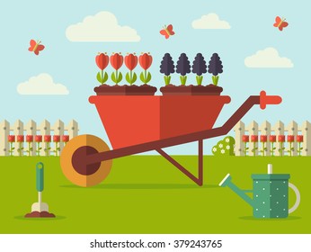 Vector Illustration of a Spring Garden with Wheelbarrow, Watering Can and Flowers. Flat Design Style. Layered EPS10 file. 