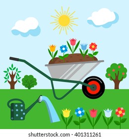 Vector Illustration of a Spring Garden with Wheelbarrow, Watering Can and Flowers. Flat Design Style.