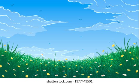 Vector illustration of spring. Green grass with flowers on background of blue sky and clouds 