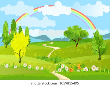 Vector illustration of spring green meadow and hills, flowers, grass and rainbow in horizon 