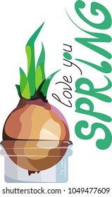 vector illustration spring green onion in a transparent can and lettering love you spring