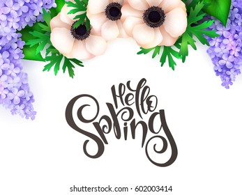 Vector illustration of spring hand lettering label, lilac branches and anemone flowers.
