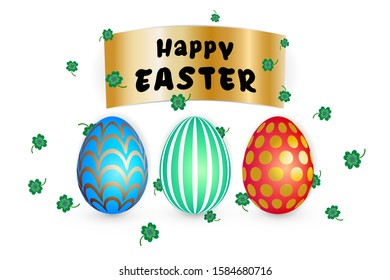 Vector illustration. Spring holidays design. Set of colorful eggs with sign Happy Easter. Volumetric eggs with shadow.