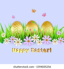 Vector illustration. Spring holidays design. Set of colorful eggs with sign Happy Easter. Volumetric eggs with grass, flowers and butterflies.